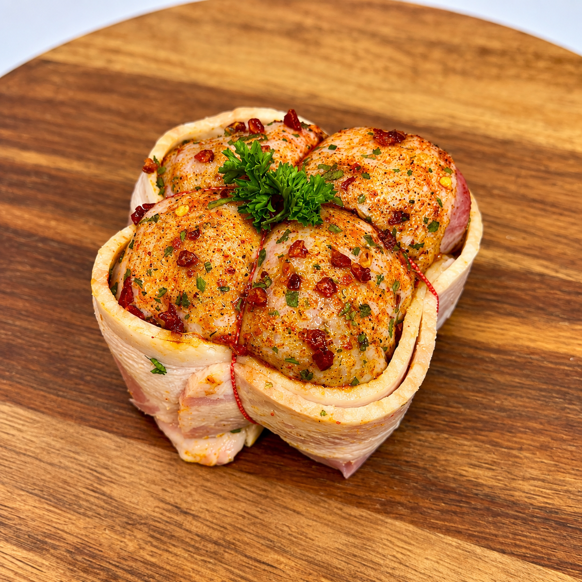 Bacon Wrapped Chicken Bonbon Stuffed With Chorizo, Camembert & Cranberry